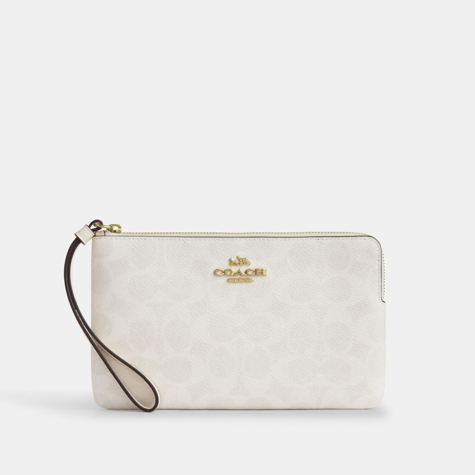 COACH®,Large Corner Zip Wristlet In Signature Canvas,Canvas,Wristlet,Casual,White,Front View