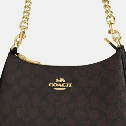 COACH®,Teri Shoulder Bag In Signature Canvas,Shoulder Bag,Logo,Tag Embellishment,Embossed,Metal,Casual,Brown,Closer View