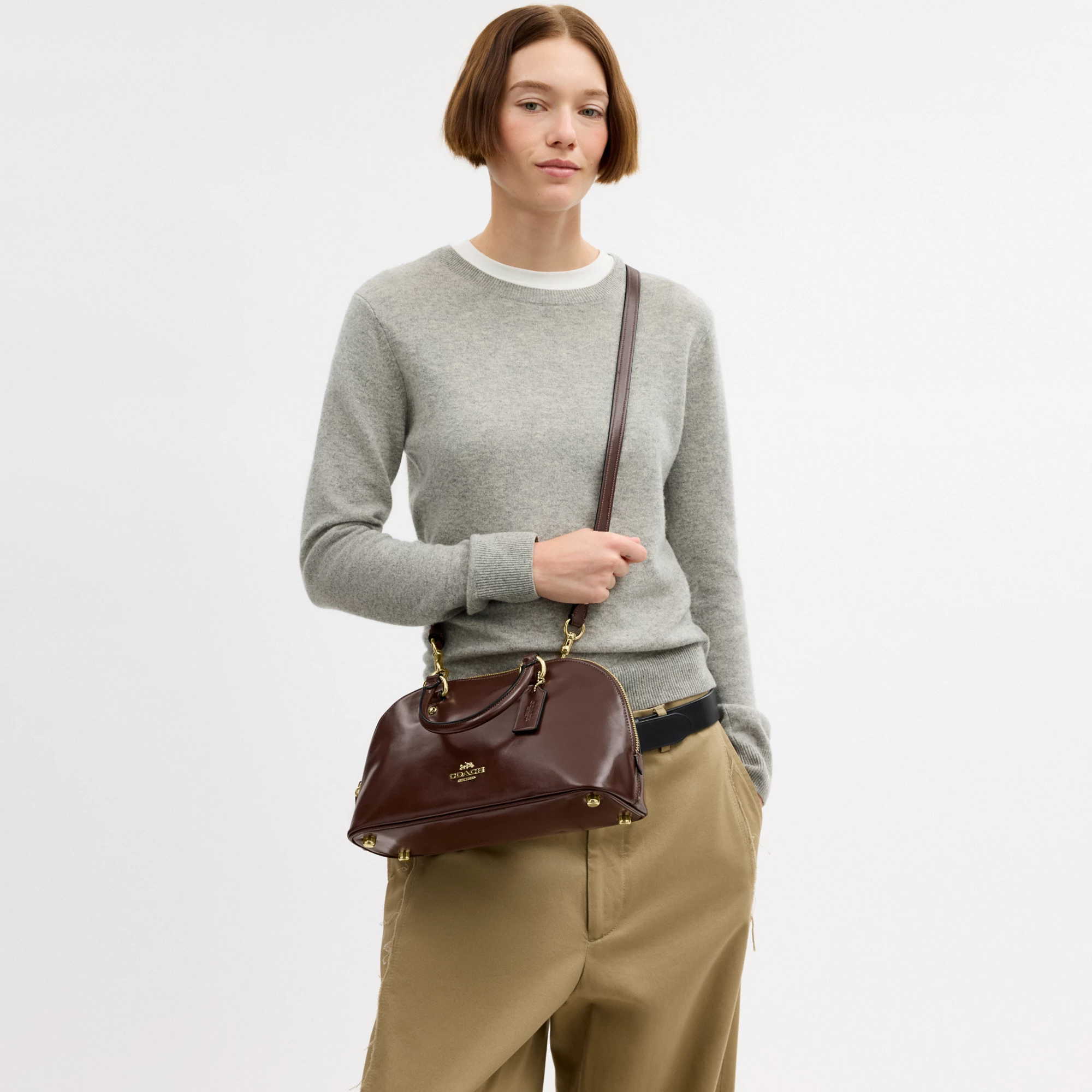 COACH®,Lara Satchel Bag,Recycled Polyester,Satchel,Logo,Metal,Casual,Brown