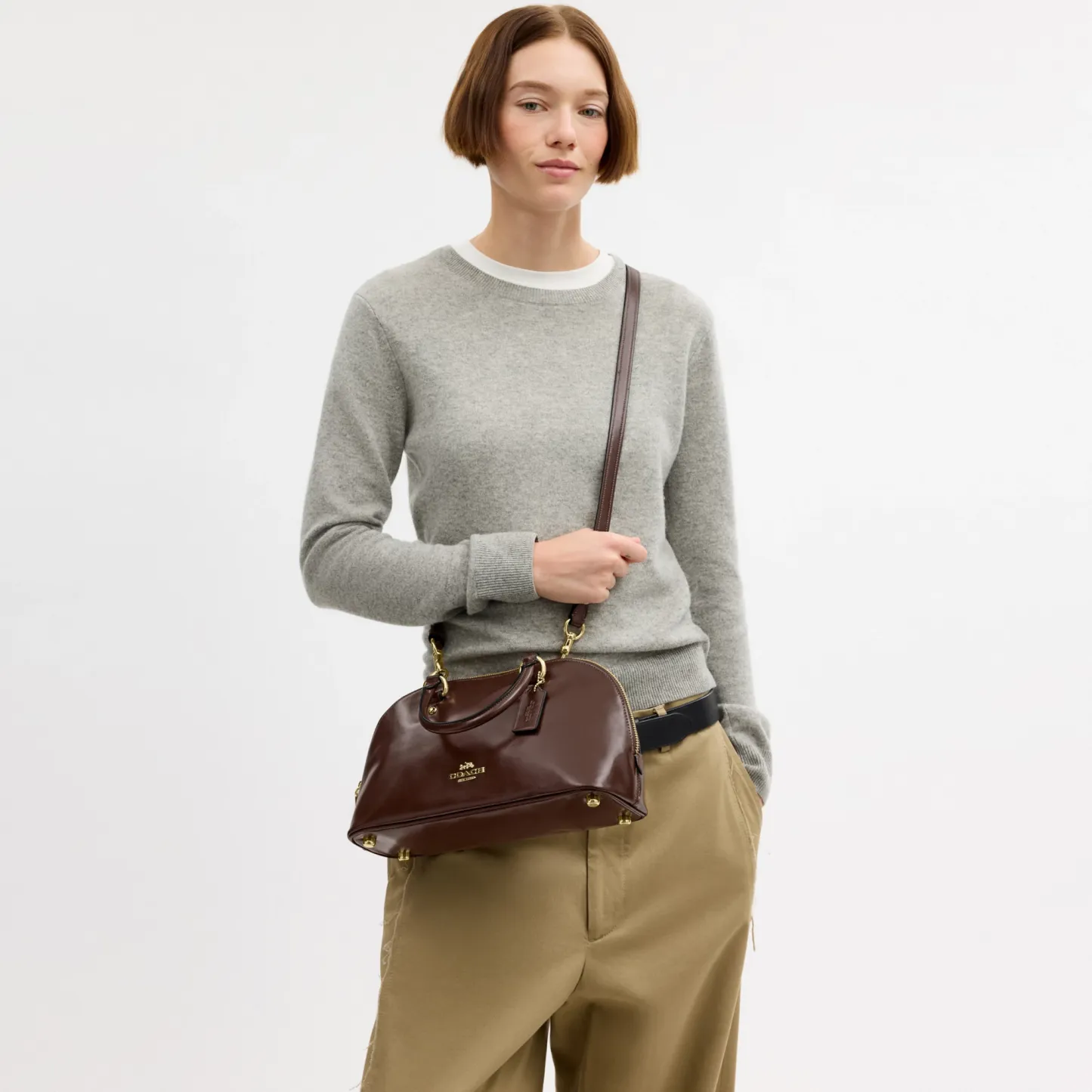 COACH®,Lara Satchel Bag,Recycled Polyester,Satchel,Logo,Metal,Casual,Brown