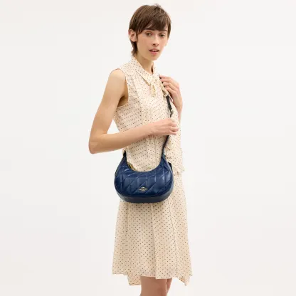 COACH®,Emily Shoulder Bag With Quilting,Recycled Polyester,Leather,Hobo,Pendant,Metal,Sustainable,Adjustable,Gold Metal,Da...,Blue