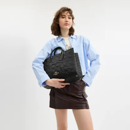 COACH®,Maggie Tote Bag In Signature Leather,Leather,Tote,Work,Black,Detail View