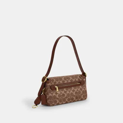 COACH®,Etta Small Flap Shoulder Bag In Signature Chenille,Leather,Fabric,Shoulder Bag,Word Embellishment,Logo,Adjustable,C...,Brown,Angle View