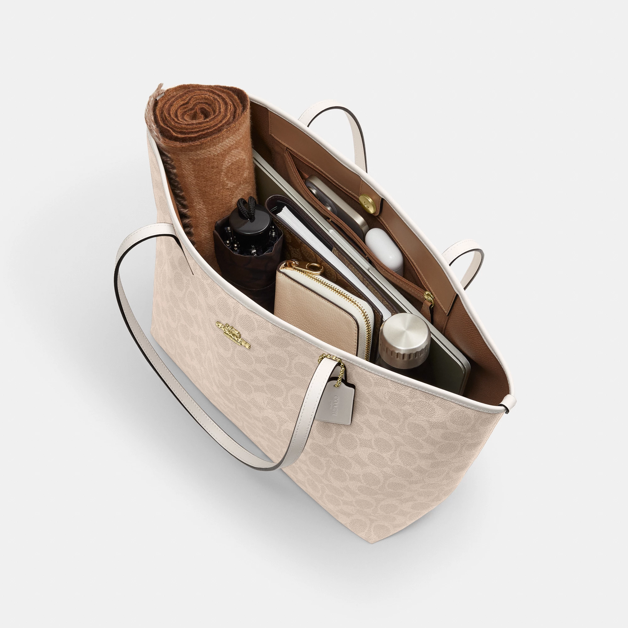 COACH®,City Tote Bag In Signature Canvas,Tote,Metal,Tag Embellishment,Color Block,Embossed,Piping,Logo,Casual,Beige,Inside View,Top View