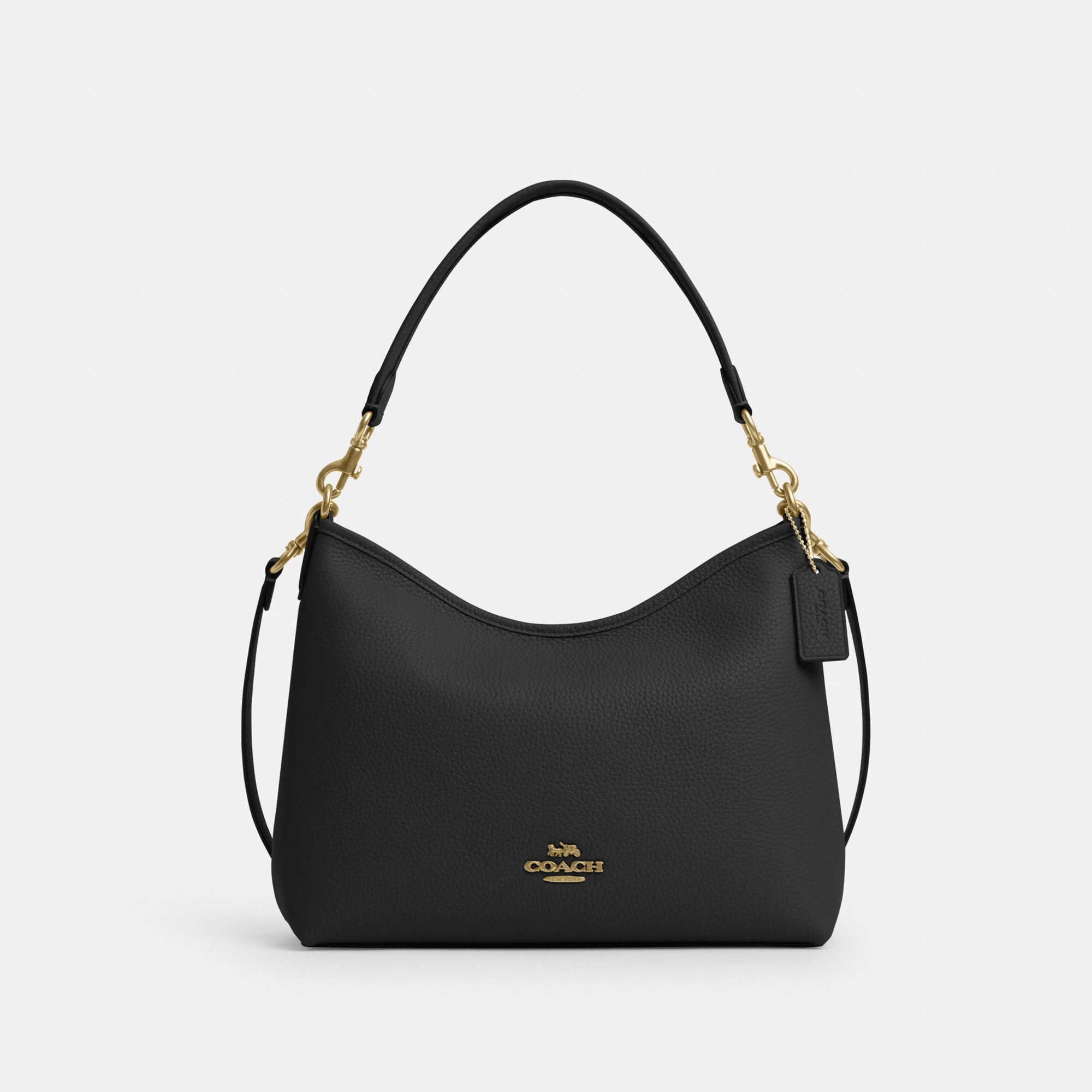 COACH®,Laurel Shoulder Bag,Leather,Hobo,Logo,Gold Metal,Casual,Black,Front View