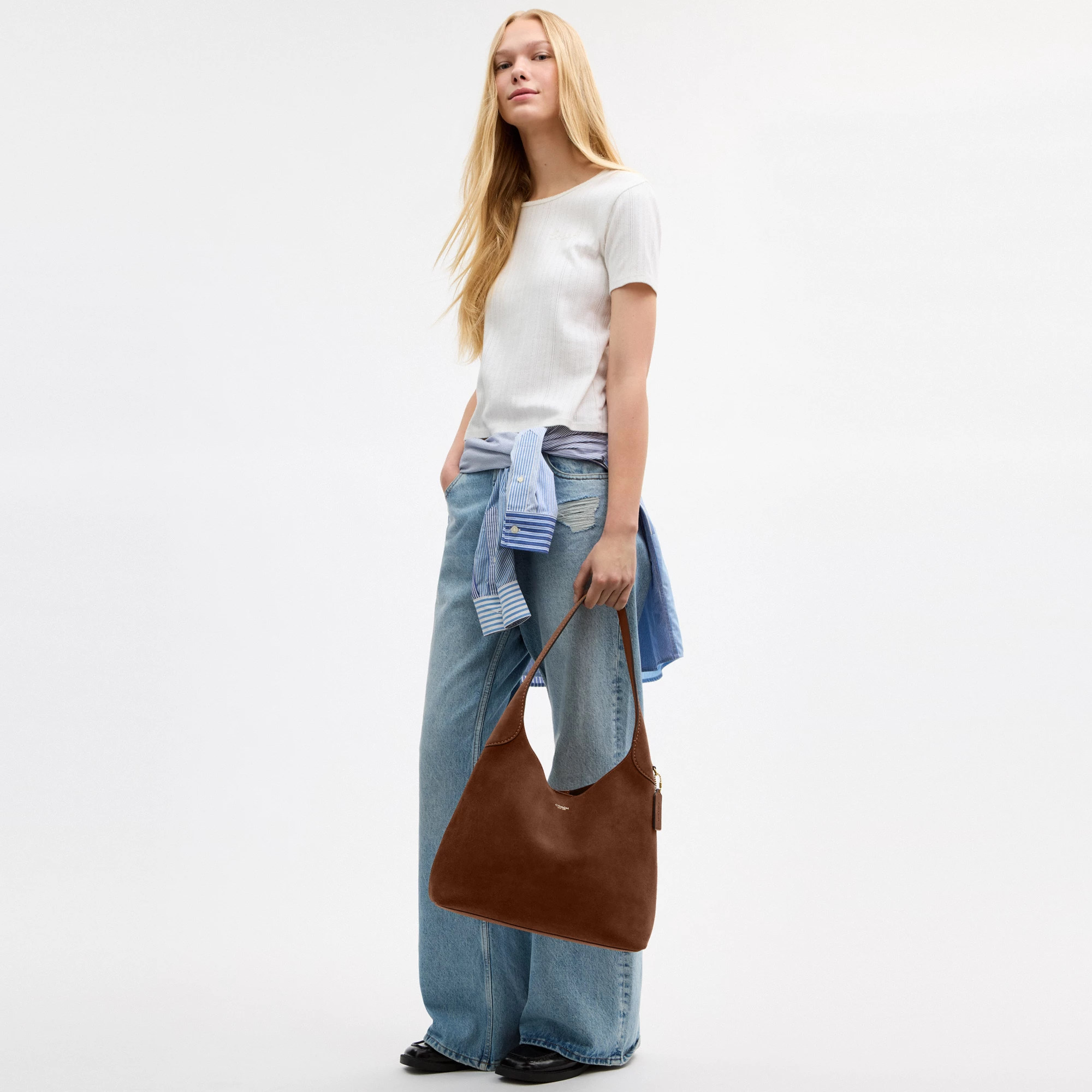 COACH®,Brooklyn Shoulder Bag 34,Suede,Hobo,Brass,Casual,Brown,Detail View