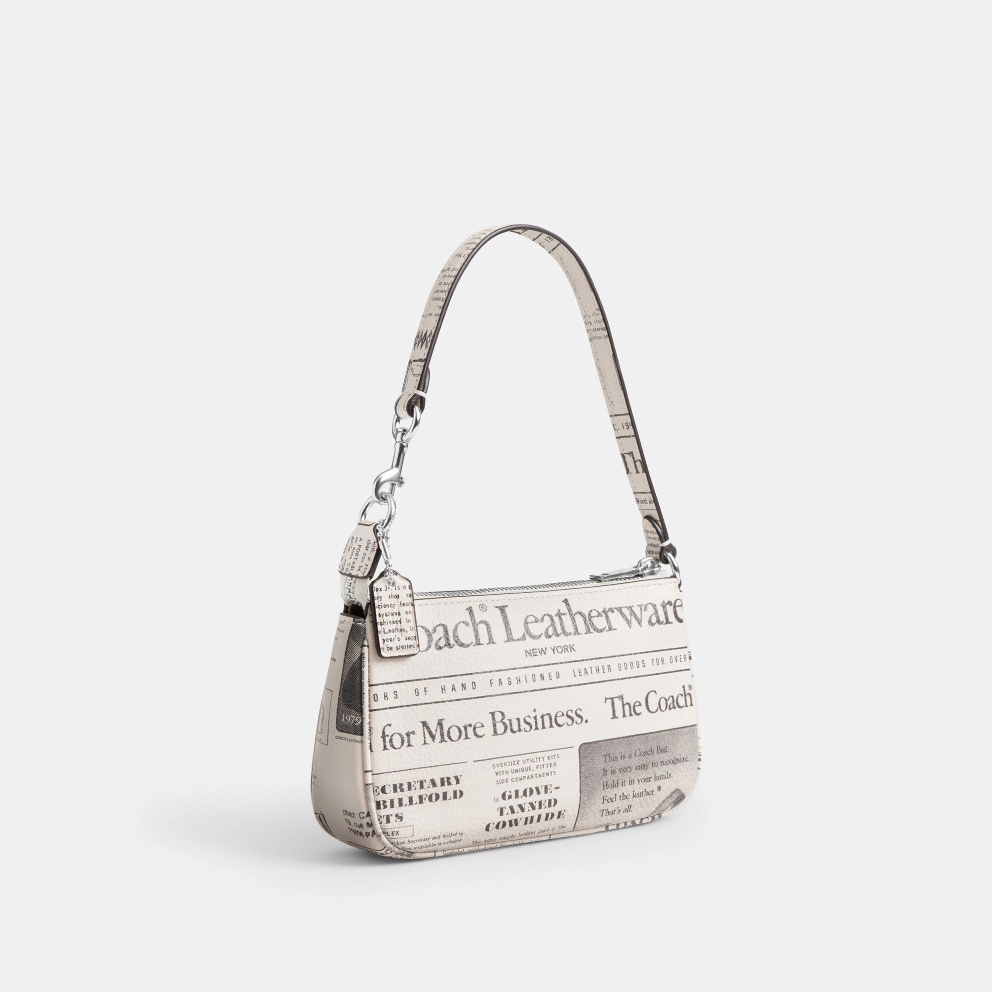 COACH®,Nolita 19 With Newspaper Print,Leather,Shoulder Bag,Metal,Silver Metal,Casual,Cream,Angle View