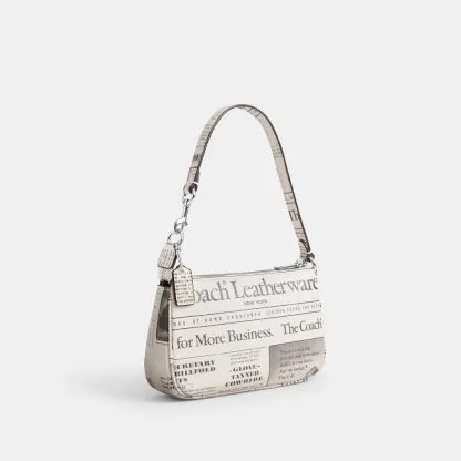 COACH®,Nolita 19 With Newspaper Print,Leather,Shoulder Bag,Metal,Silver Metal,Casual,Cream,Angle View