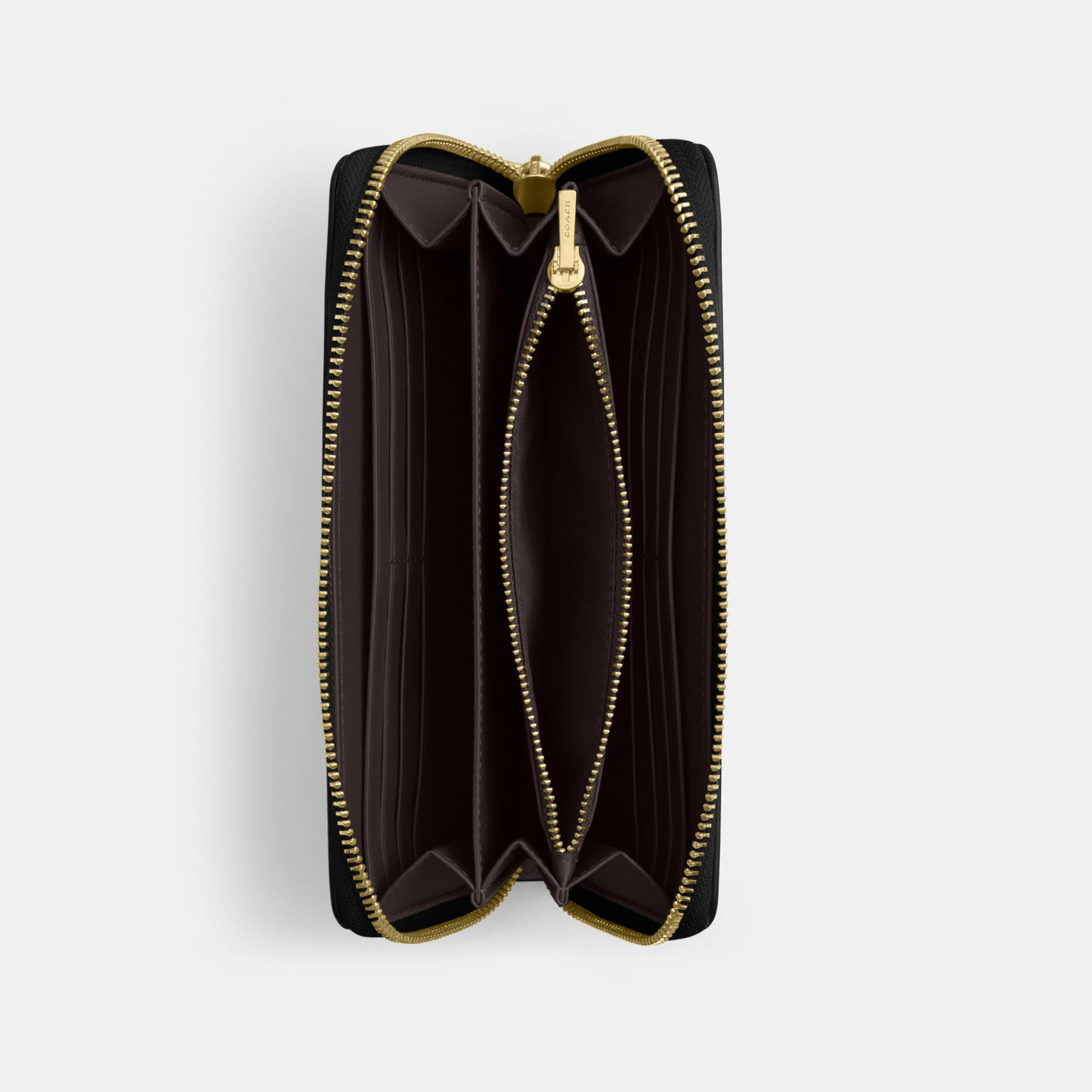 COACH®,Long Zip Around Wallet,Leather,Wristlet,Continental,Logo,Metal,Casual,Black,Inside View,Top View