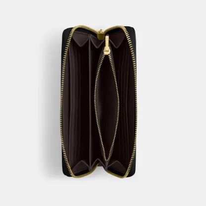 COACH®,Long Zip Around Wallet,Leather,Wristlet,Continental,Logo,Metal,Casual,Black,Inside View,Top View