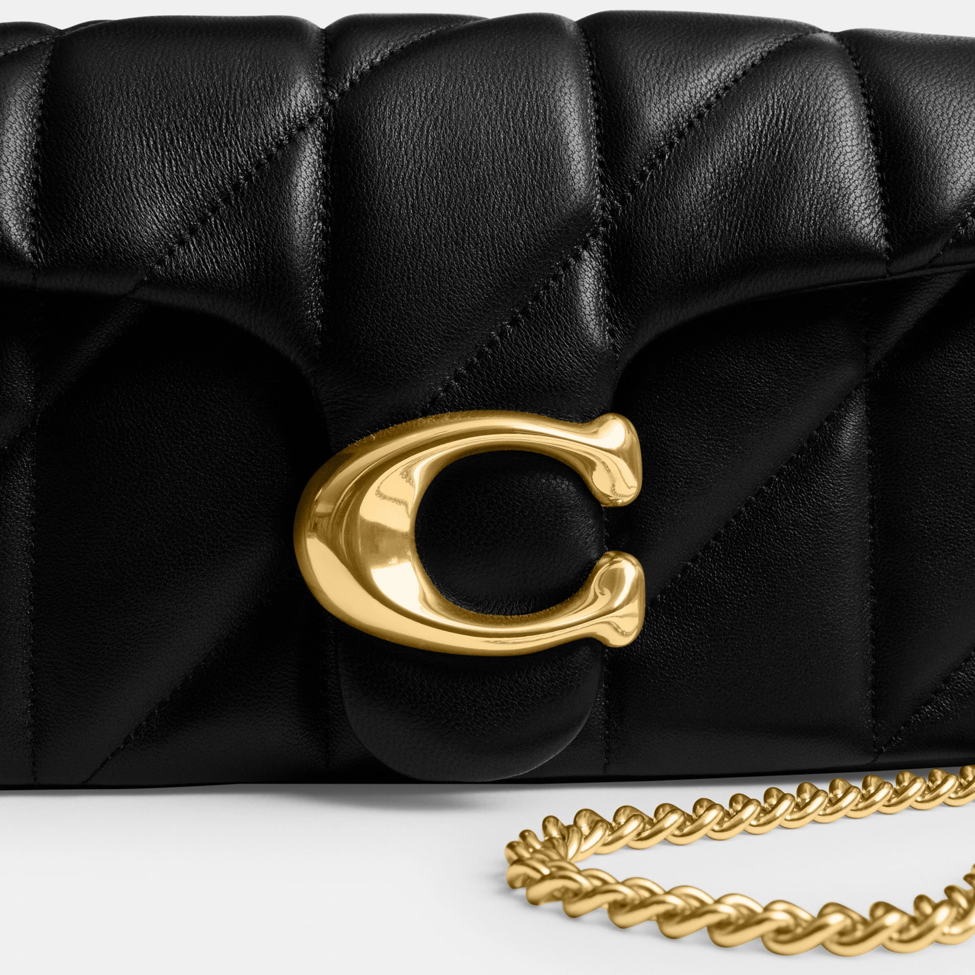 COACH®,Tabby Chain Crossbody Bag 19 With Quilting,Lining Leather,Leather,Crossbody,Wristlet,Logo,Pattern,Stitching,Embelli...,Black,Closer View