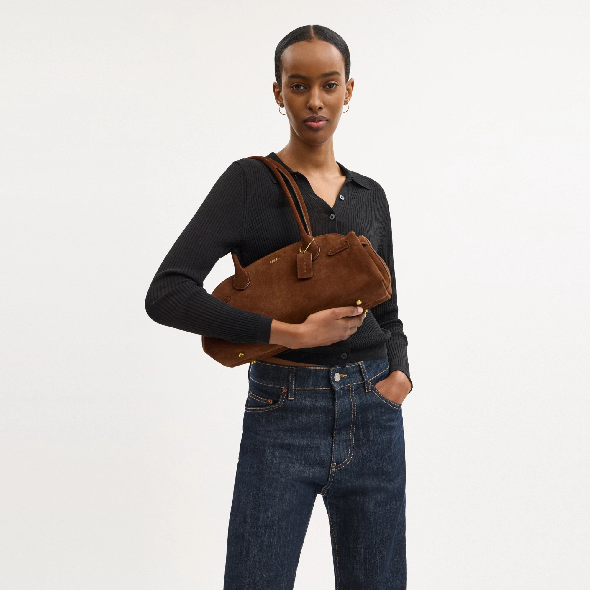 COACH®,Empire Carryall Bag 34,Suede,Shoulder Bag,Logo,Brass,Casual,Brown,Detail View