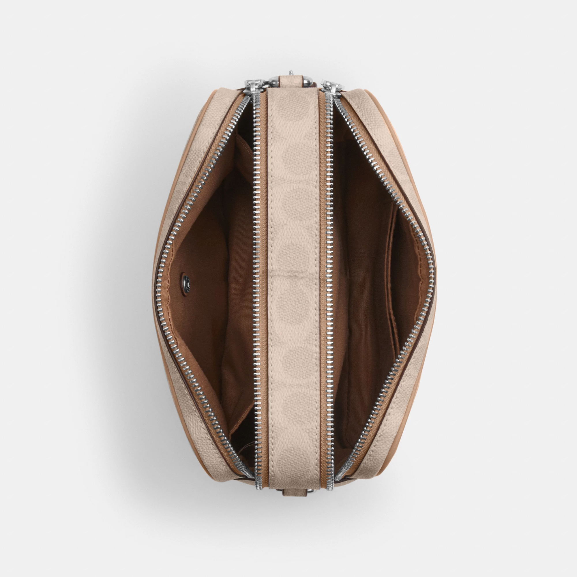 COACH®,Carey Crossbody Bag In Signature Canvas,Leather,Canvas,Recycled Polyester,Camera Bag,Metal,Logo,Sustainable,Gold Pl...,Multi Color,Inside View,Top View