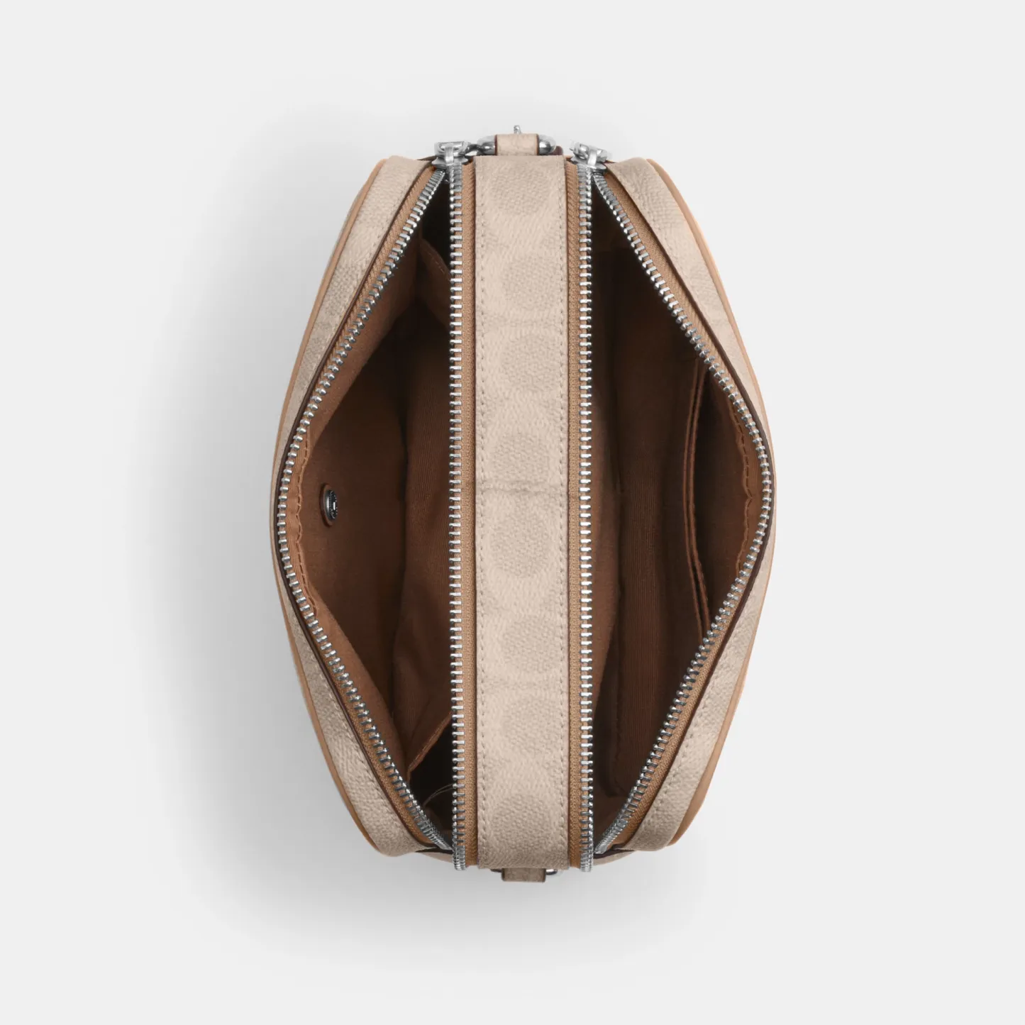 COACH®,Carey Crossbody Bag In Signature Canvas,Leather,Canvas,Recycled Polyester,Camera Bag,Metal,Logo,Sustainable,Gold Pl...,Multi Color,Inside View,Top View