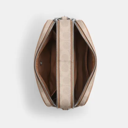 COACH®,Carey Crossbody Bag In Signature Canvas,Leather,Canvas,Recycled Polyester,Camera Bag,Metal,Logo,Sustainable,Gold Pl...,Multi Color,Inside View,Top View