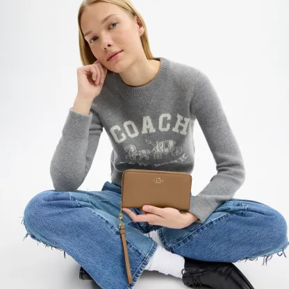 COACH®,Long Zip Around Wallet,Leather,Wristlet,Continental,Logo,Metal,Casual,Brown,Detail View
