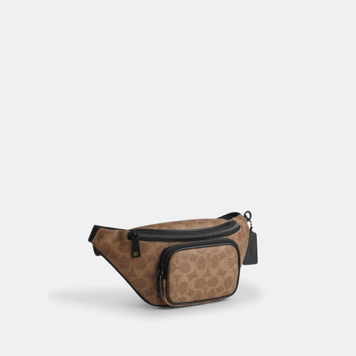 COACH®,Travis Belt Bag 30 In Signature Canvas,Recycled Polyester,Leather,Canvas,Belt Bag,Logo,Adjustable,Gunmetal,Casual,Brown,Angle View