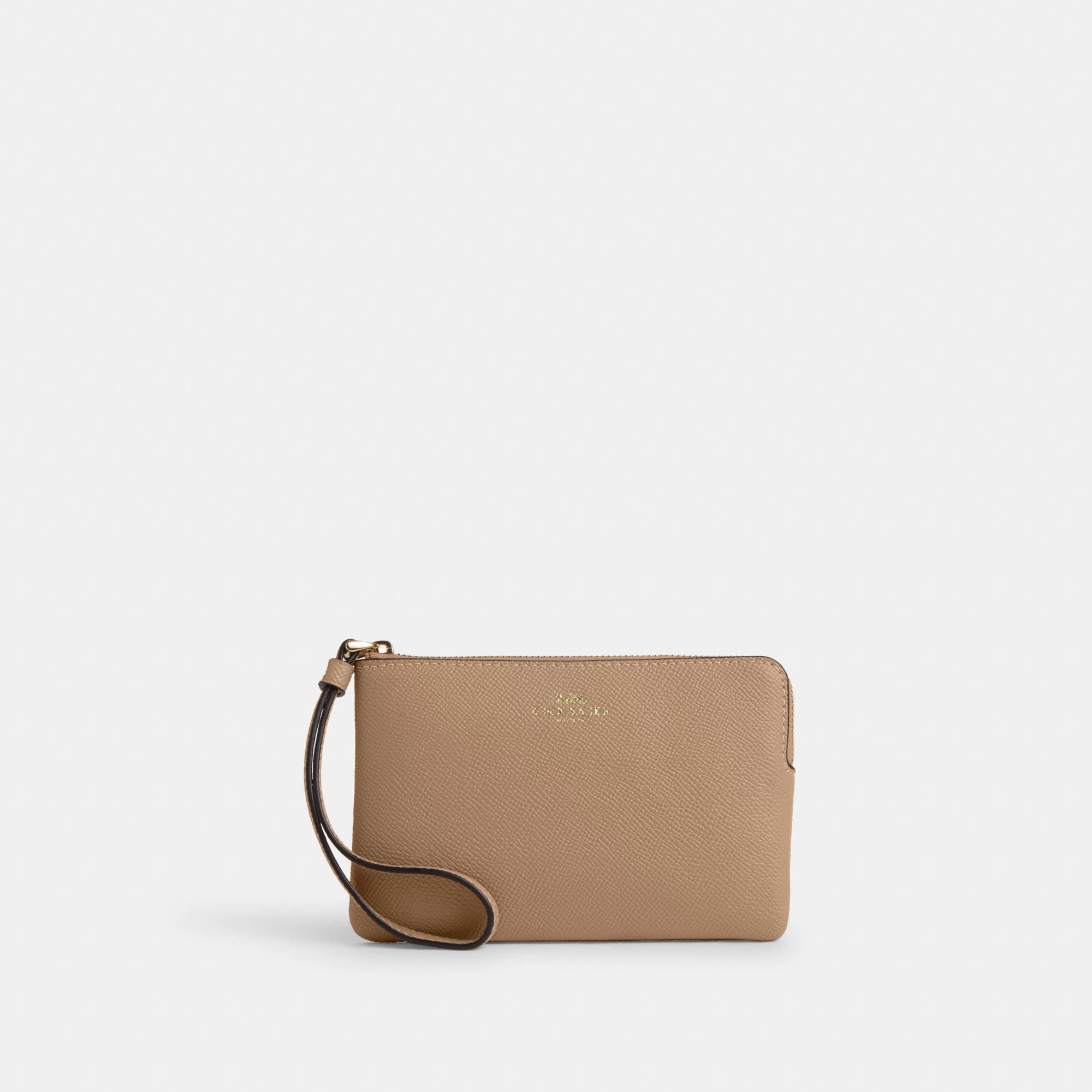 COACH®,Corner Zip Wristlet,Leather,Pouch,Wristlet,Word Embellishment,Logo,Beige,Front View