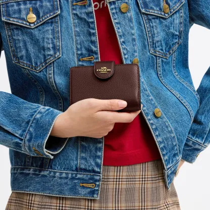 COACH®,Medium Corner Zip Wallet,Leather,Bi Fold,Logo,Metal,Travel,Brown,Detail View