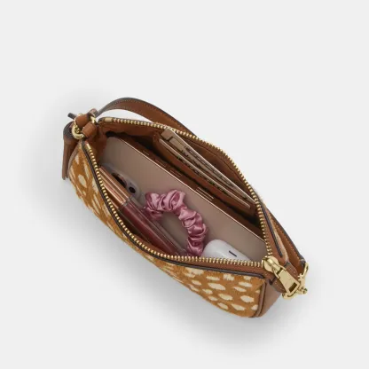 COACH®,Nolita 19 With Deer Print,Recycled Polyester,Calf Hair,Leather,Pouch,Metal Material,Lined,Sustainable,Gold Metal,Ca...,Brown,Inside View,Top View