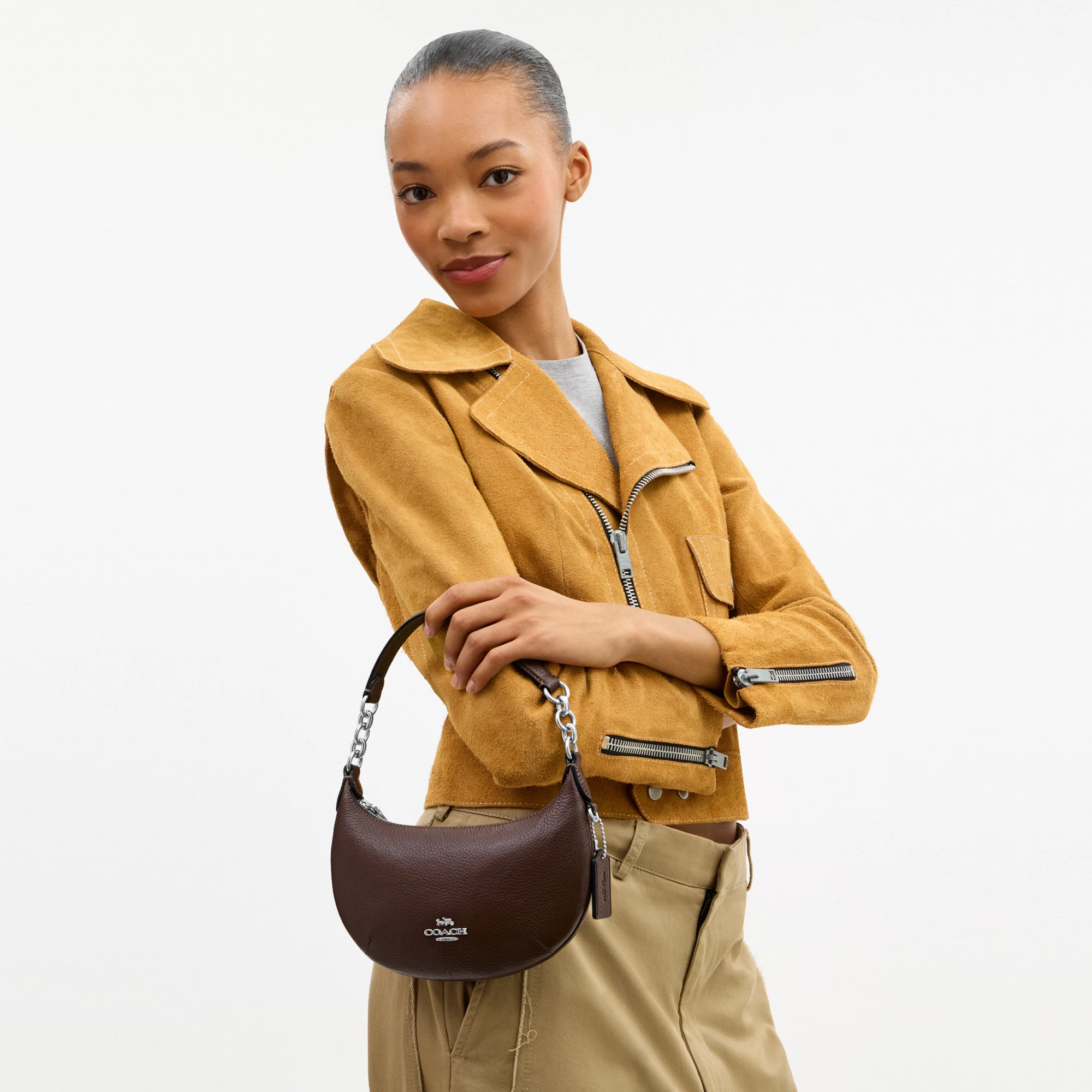 COACH®,Mini Payton Bag,Leather,Recycled Polyester,Shoulder Bag,Logo,Metal,Chain Detail,Compact,Gold Metal,Day Party,Brown,Detail View