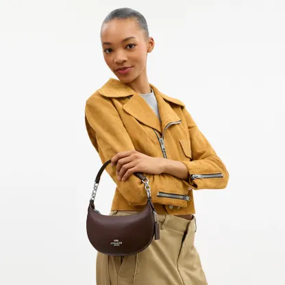 COACH®,Mini Payton Bag,Leather,Recycled Polyester,Shoulder Bag,Logo,Metal,Chain Detail,Compact,Gold Metal,Day Party,Brown,Detail View