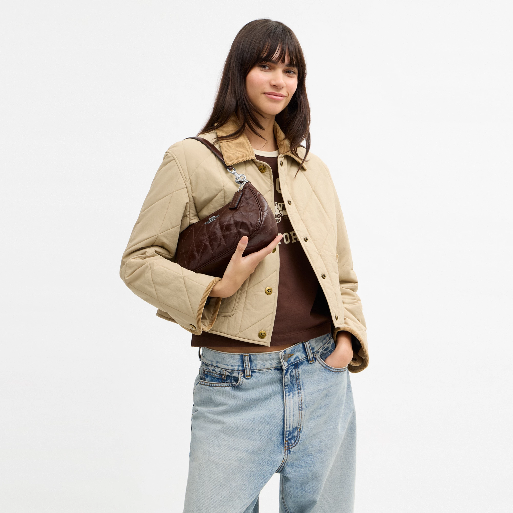 COACH®,Teri Shoulder Bag With Quilting,Recycled Polyester,Leather,Shoulder Bag,Metal,Logo,Silver Metal,Casual,Brown,Detail View