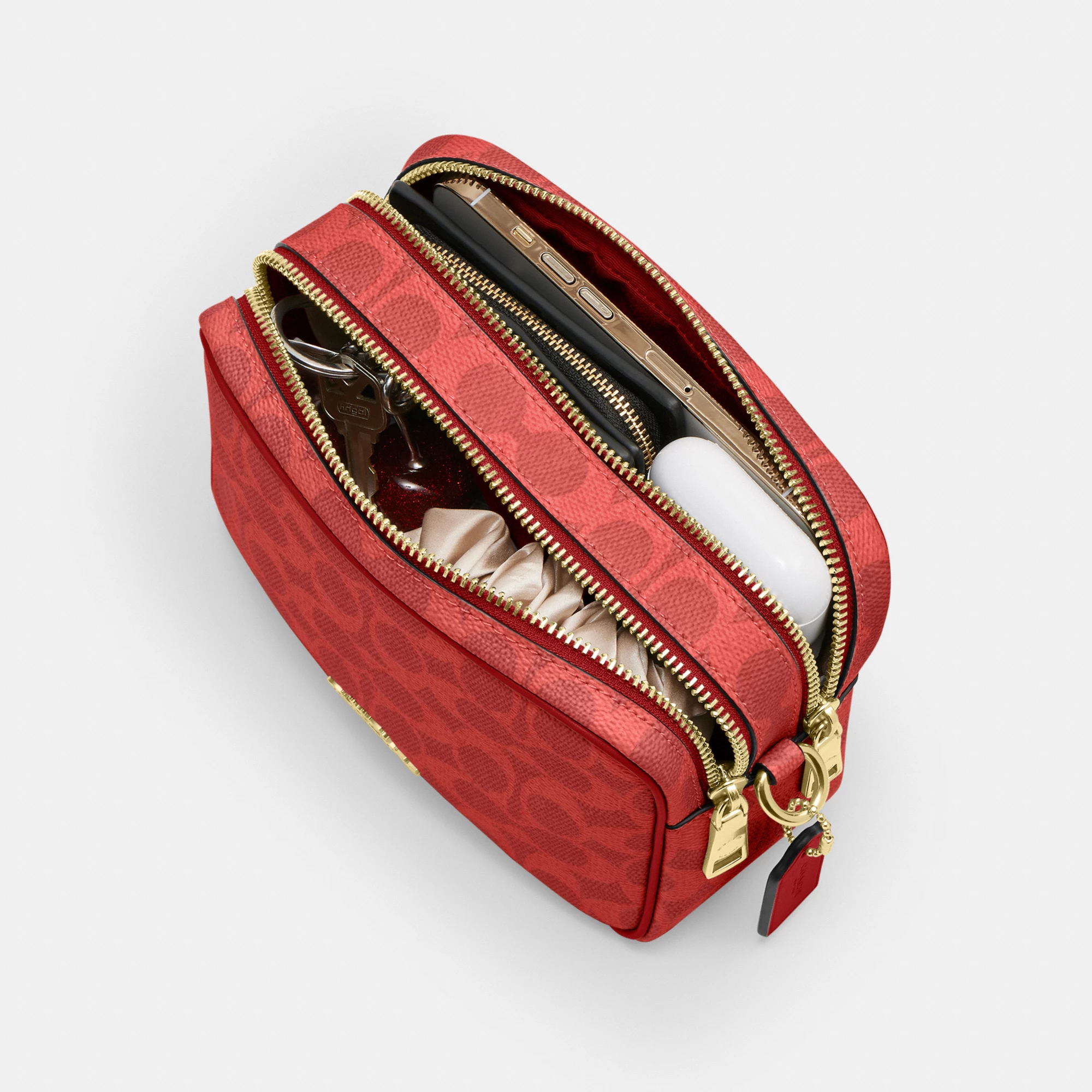 COACH®,Mini Carey Crossbody Bag In Signature Canvas,Polyester,Leather,Canvas,Crossbody,Metal Material,Logo,Metal,Piping,Pe...,Red,Inside View,Top View