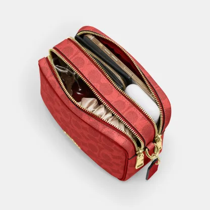 COACH®,Mini Carey Crossbody Bag In Signature Canvas,Polyester,Leather,Canvas,Crossbody,Metal Material,Logo,Metal,Piping,Pe...,Red,Inside View,Top View