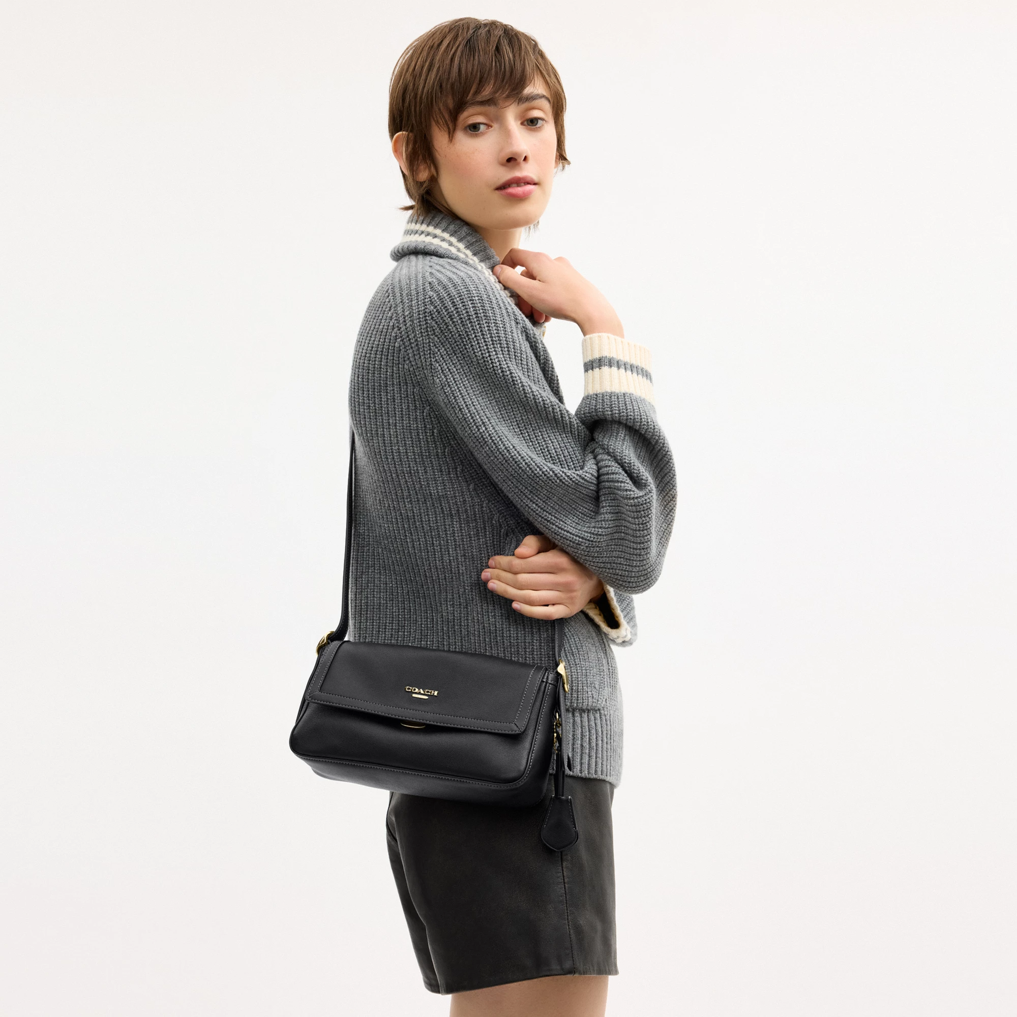 COACH®,Etta Small Flap Shoulder Bag,Recycled Polyester,Shoulder Bag,Logo,Compact,2 in 1,Sustainable,Adjustable,Gold Metal,...,Black,Detail View