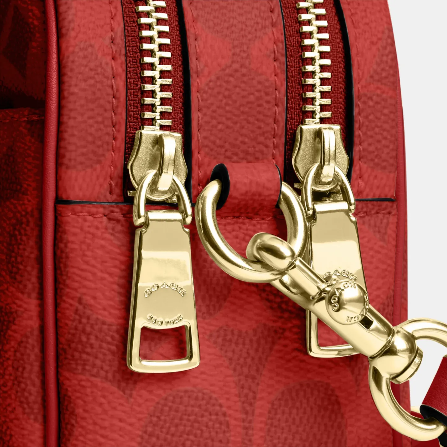 COACH®,Mini Carey Crossbody Bag In Signature Canvas,Polyester,Leather,Canvas,Crossbody,Metal Material,Logo,Metal,Piping,Pe...,Red,Closer View