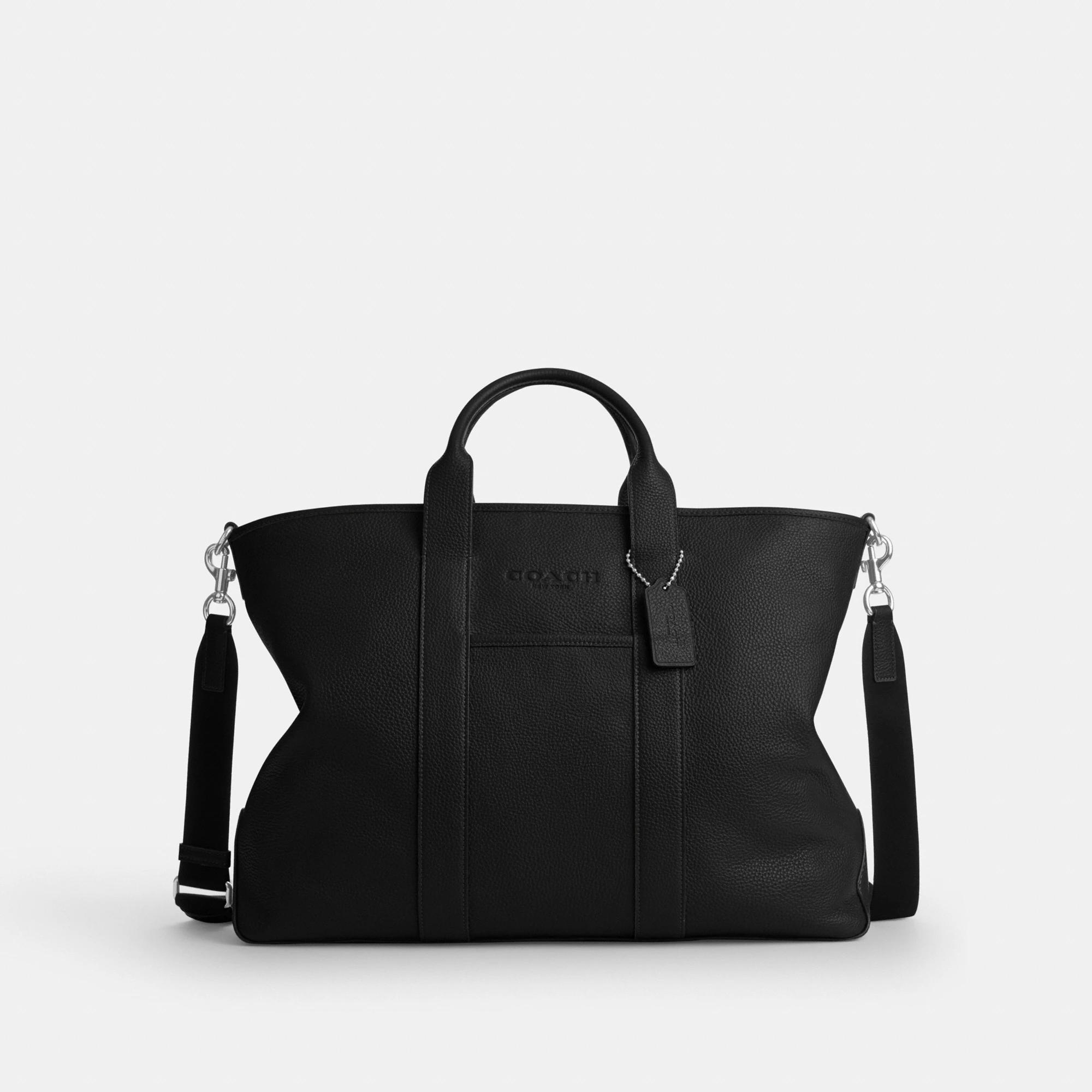 COACH®,Grayson Tote Bag,Leather,Recycled Polyester,Tote,Sustainable,Silver Metal,Work, Father's Day,Black,Front View