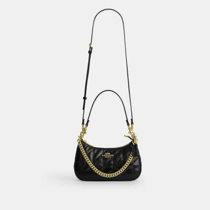 COACH®,Teri Shoulder Bag With Quilting,Recycled Polyester,Leather,Shoulder Bag,Metal,Logo,Silver Metal,Casual,Black