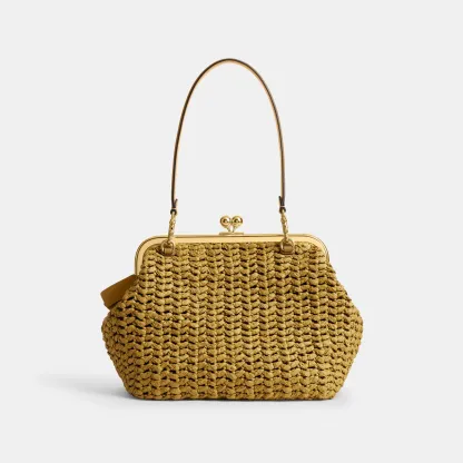 COACH®,Kisslock Frame Bag 27,Cotton,Calfskin Leather,Clutch,Metal Material,Straw,Pendant,Lined,Brass,Day Party,Beige,Back View