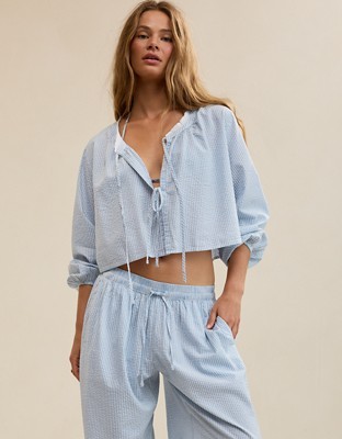 Aerie Seersucker Long Sleeve Volume Tie Top - Monaco Blue