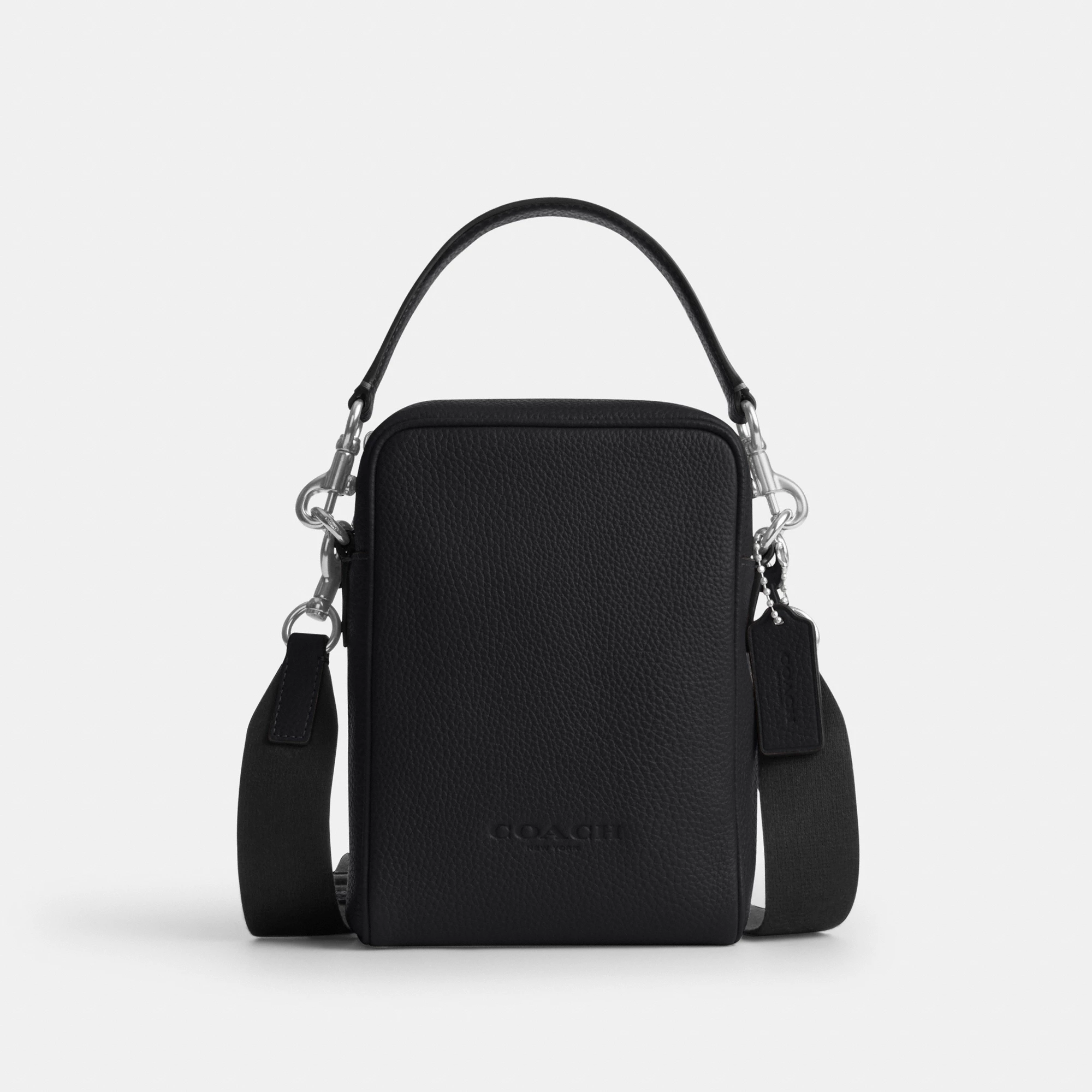 COACH®,Tristan Crossbody Bag 14,Leather,Recycled Polyester,Crossbody,Logo,Convertible,Adjustable,Sustainable,Silver Metal,...,Black,Front View