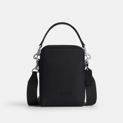 COACH®,Tristan Crossbody Bag 14,Leather,Recycled Polyester,Crossbody,Logo,Convertible,Adjustable,Sustainable,Silver Metal,...,Black,Front View