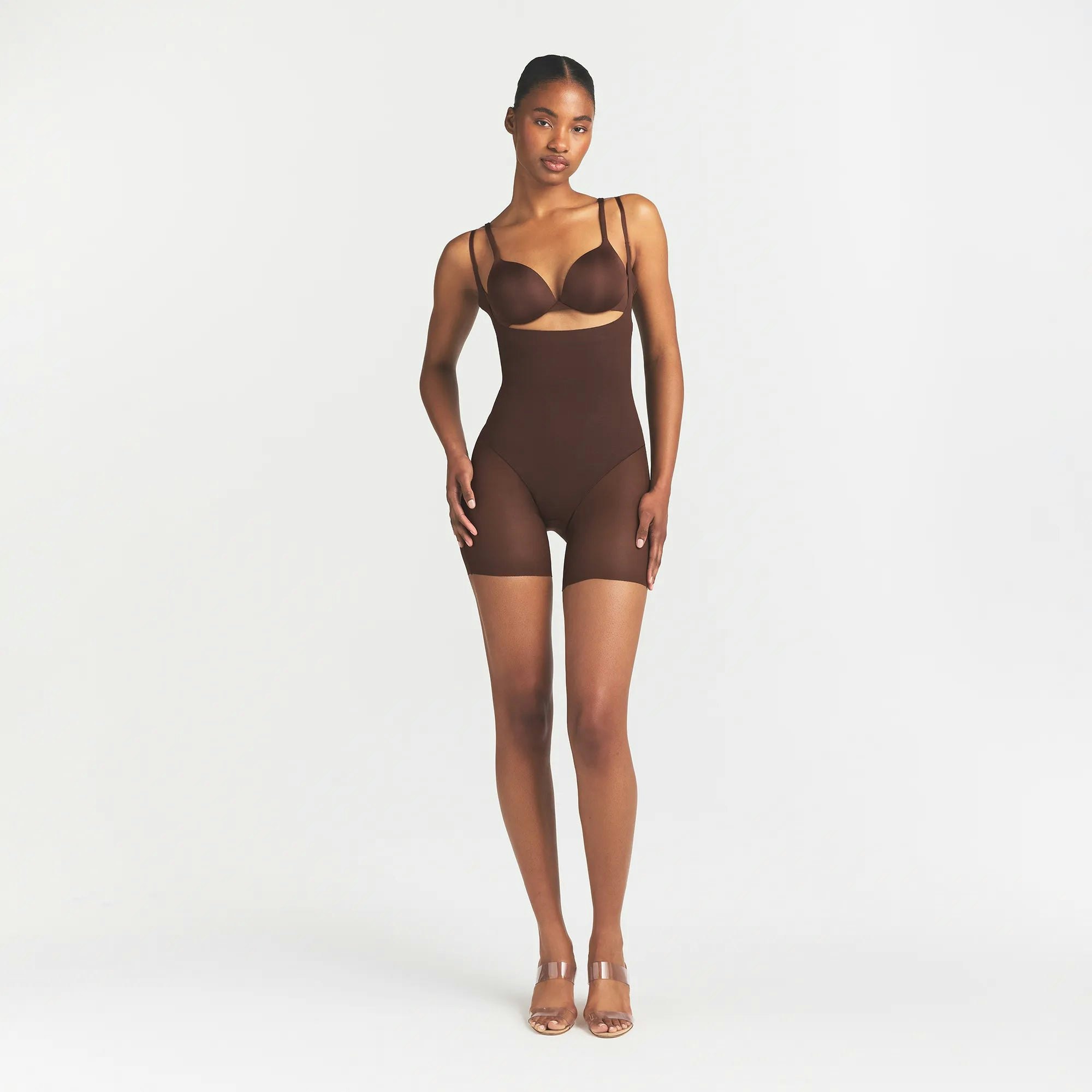 POWER MESH SHAPEWEAR CORE SCULPT OPEN BUST MID THIGH BODYSUIT - COCOA