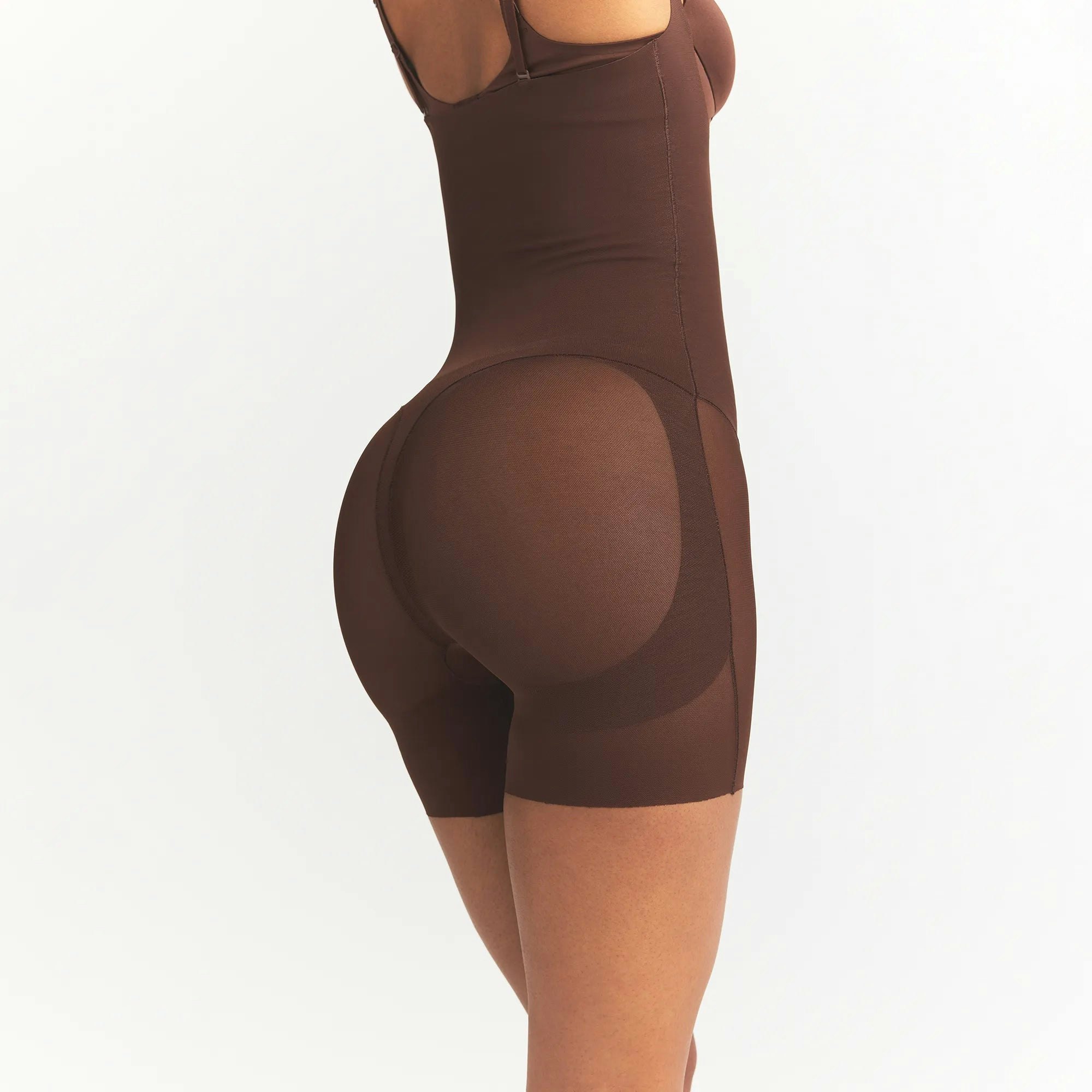 POWER MESH SHAPEWEAR CORE SCULPT OPEN BUST MID THIGH BODYSUIT - COCOA