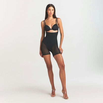 POWER MESH SHAPEWEAR CORE SCULPT OPEN BUST MID THIGH BODYSUIT - ONYX