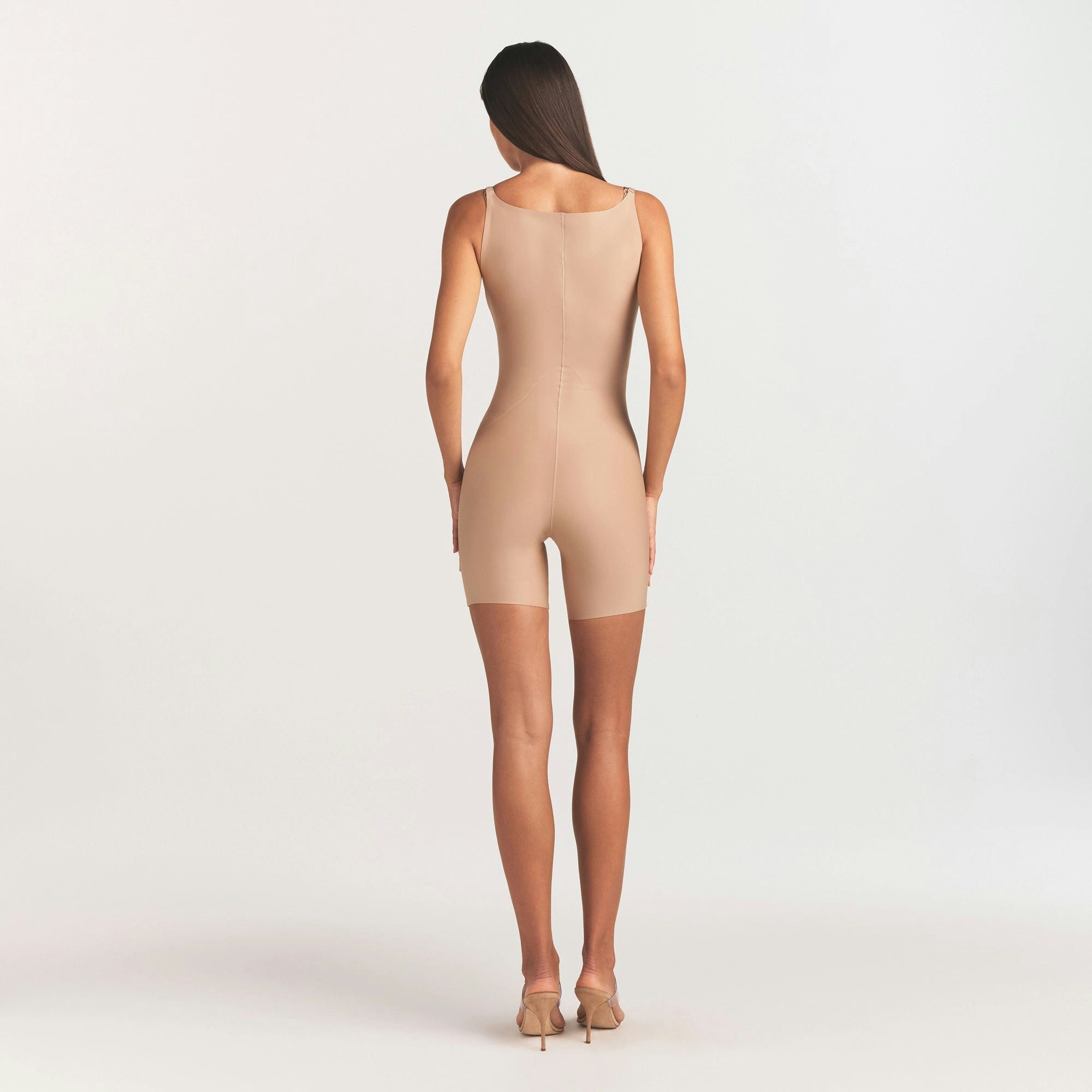 SKIMS BODY CORE SCULPT BACK SMOOTHING OPEN BUST MID THIGH BODYSUIT - CLAY
