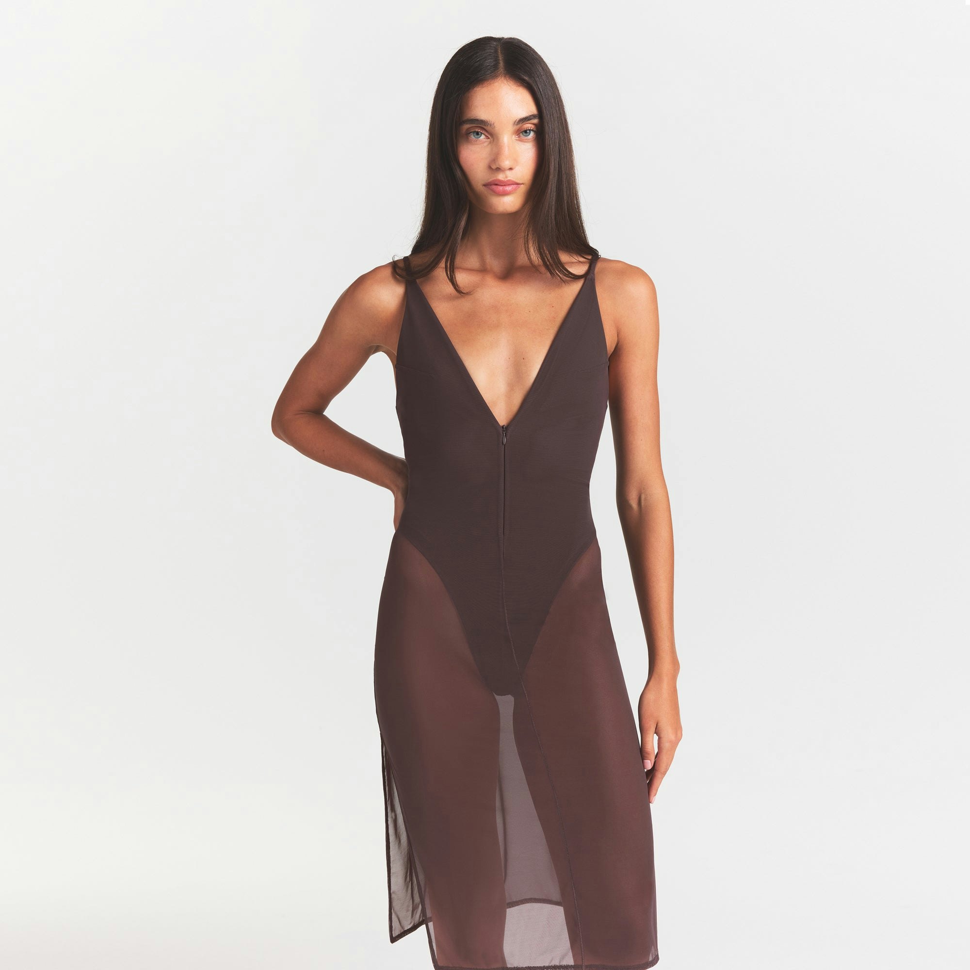 SKIMS BODY MESH PLUNGE MIDI DRESS - RAISIN - image 2