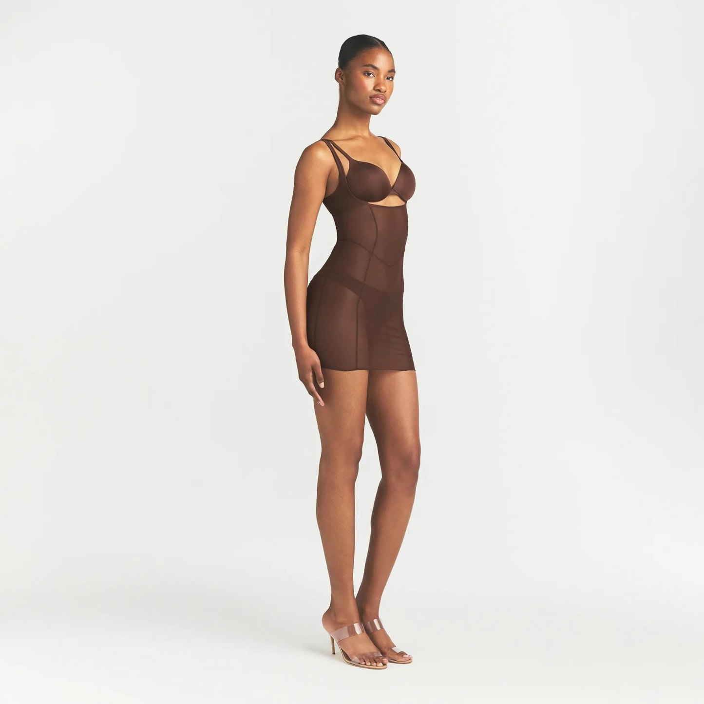 POWER MESH SHAPEWEAR OPEN BUST SLIP DRESS - COCOA