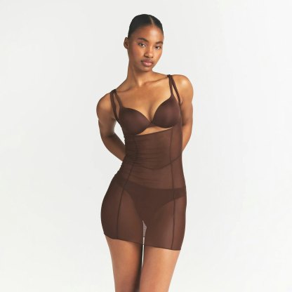 POWER MESH SHAPEWEAR OPEN BUST SLIP DRESS - COCOA