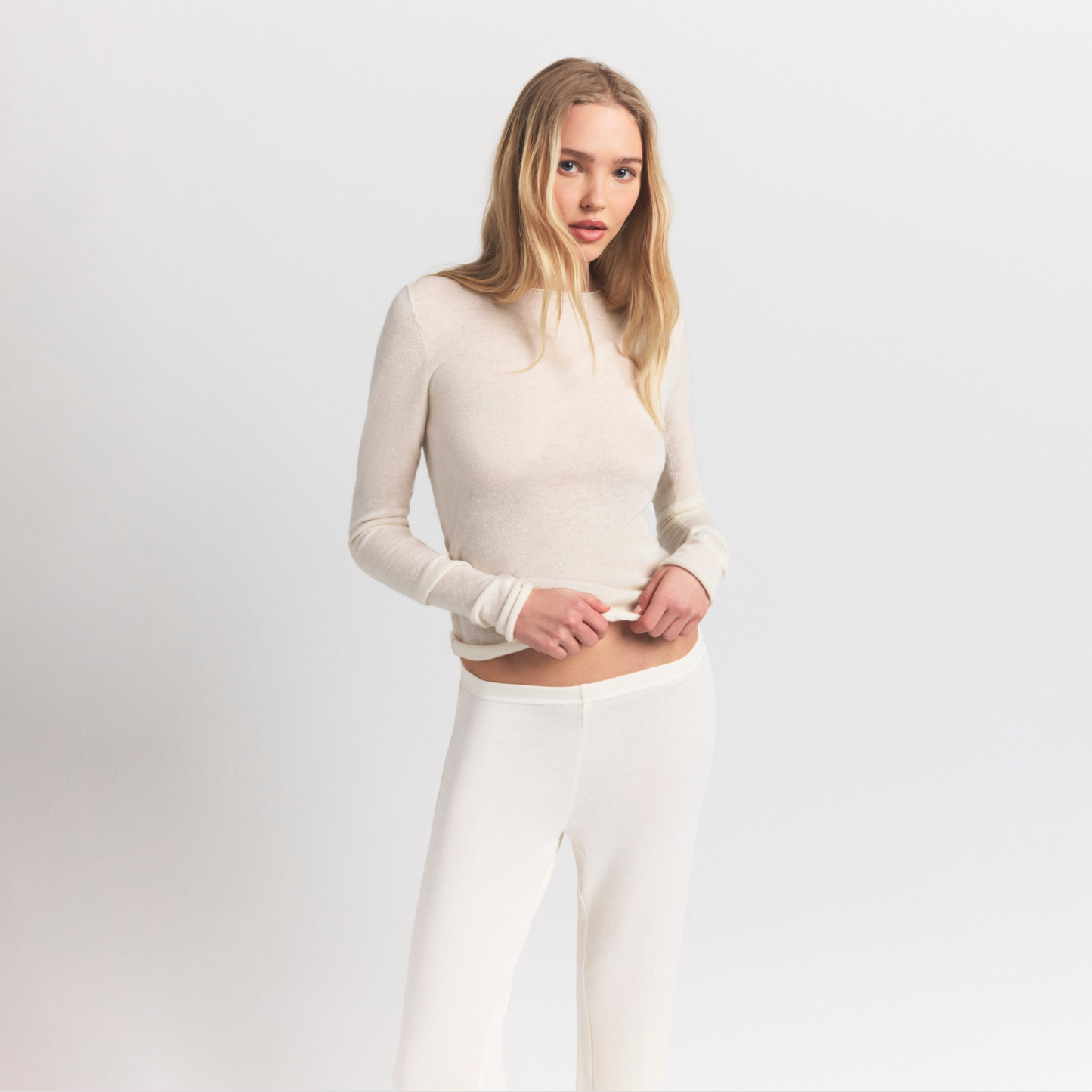 FEATHERWEIGHT CASHMERE LONG SLEEVE TOP - EGRET - image 2