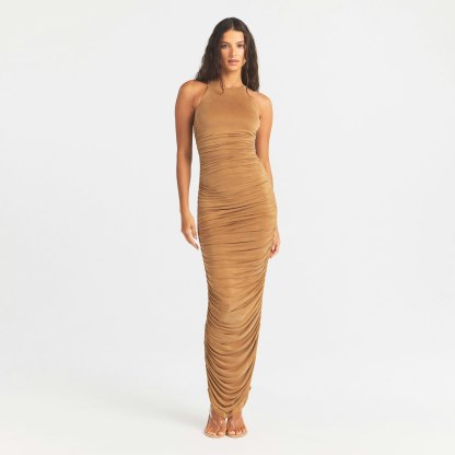 CUPRO JERSEY RUCHED LONG DRESS - ALMOND - image 9