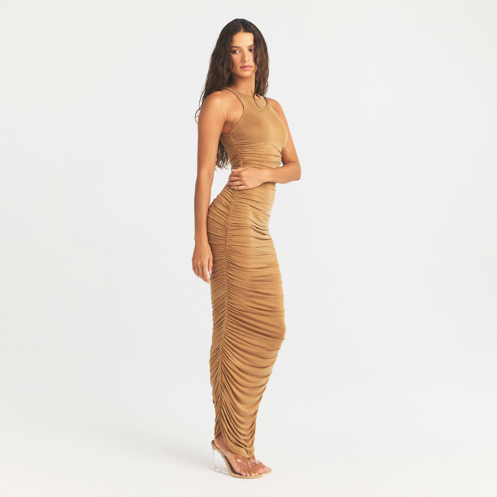 CUPRO JERSEY RUCHED LONG DRESS - ALMOND - image 7