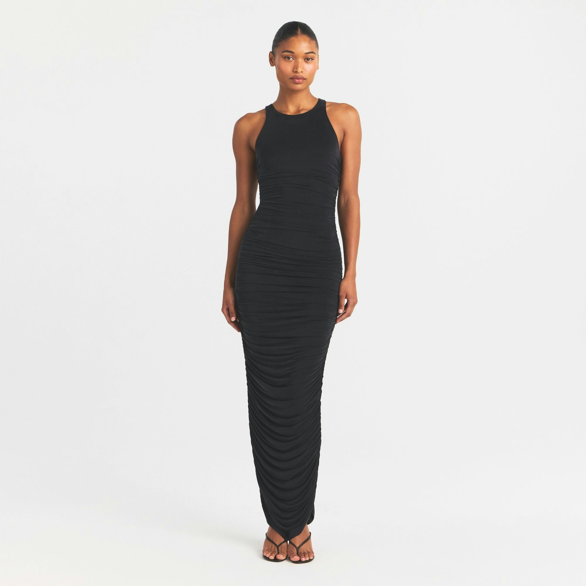 CUPRO JERSEY RUCHED LONG DRESS - OBSIDIAN - image 13
