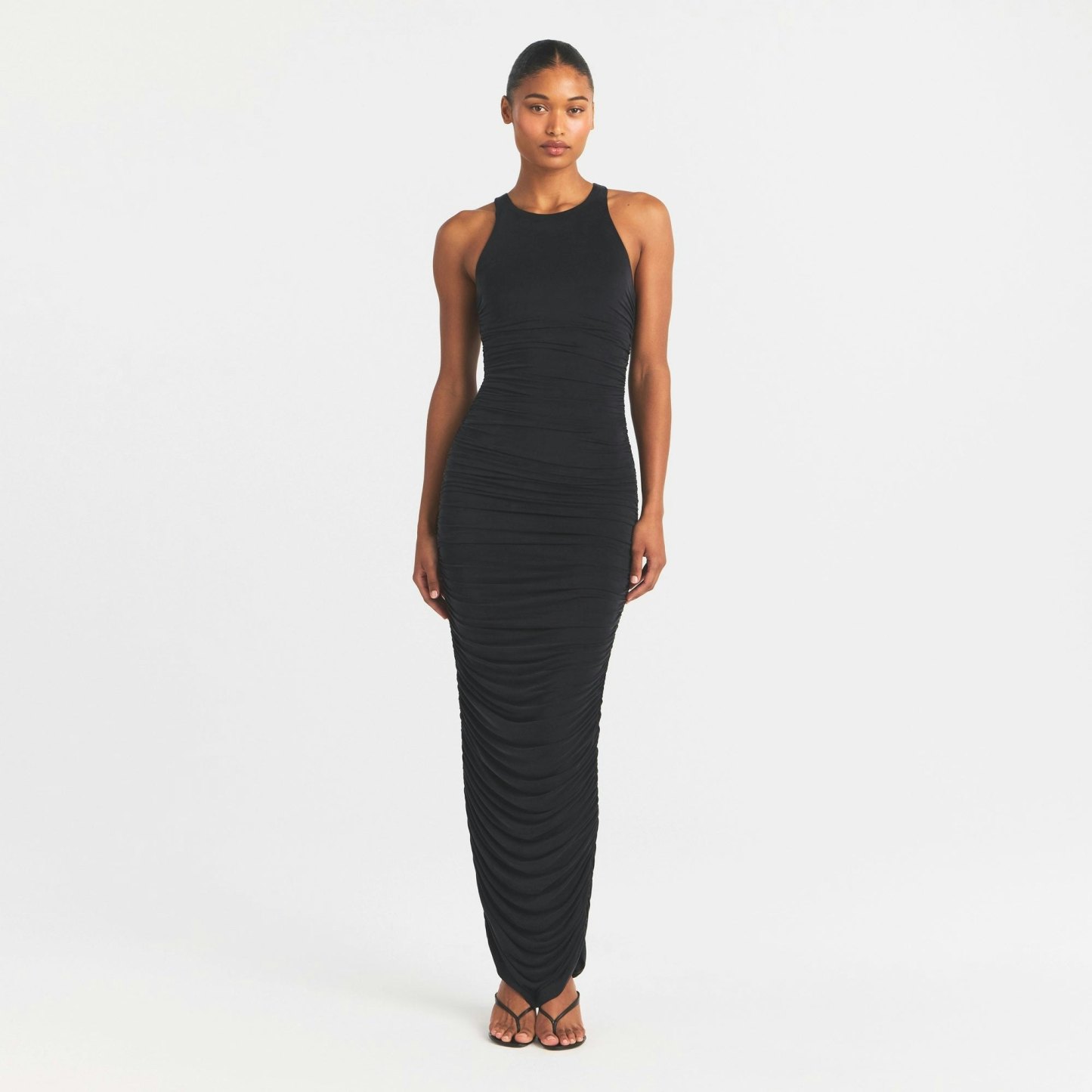 CUPRO JERSEY RUCHED LONG DRESS - OBSIDIAN - image 13