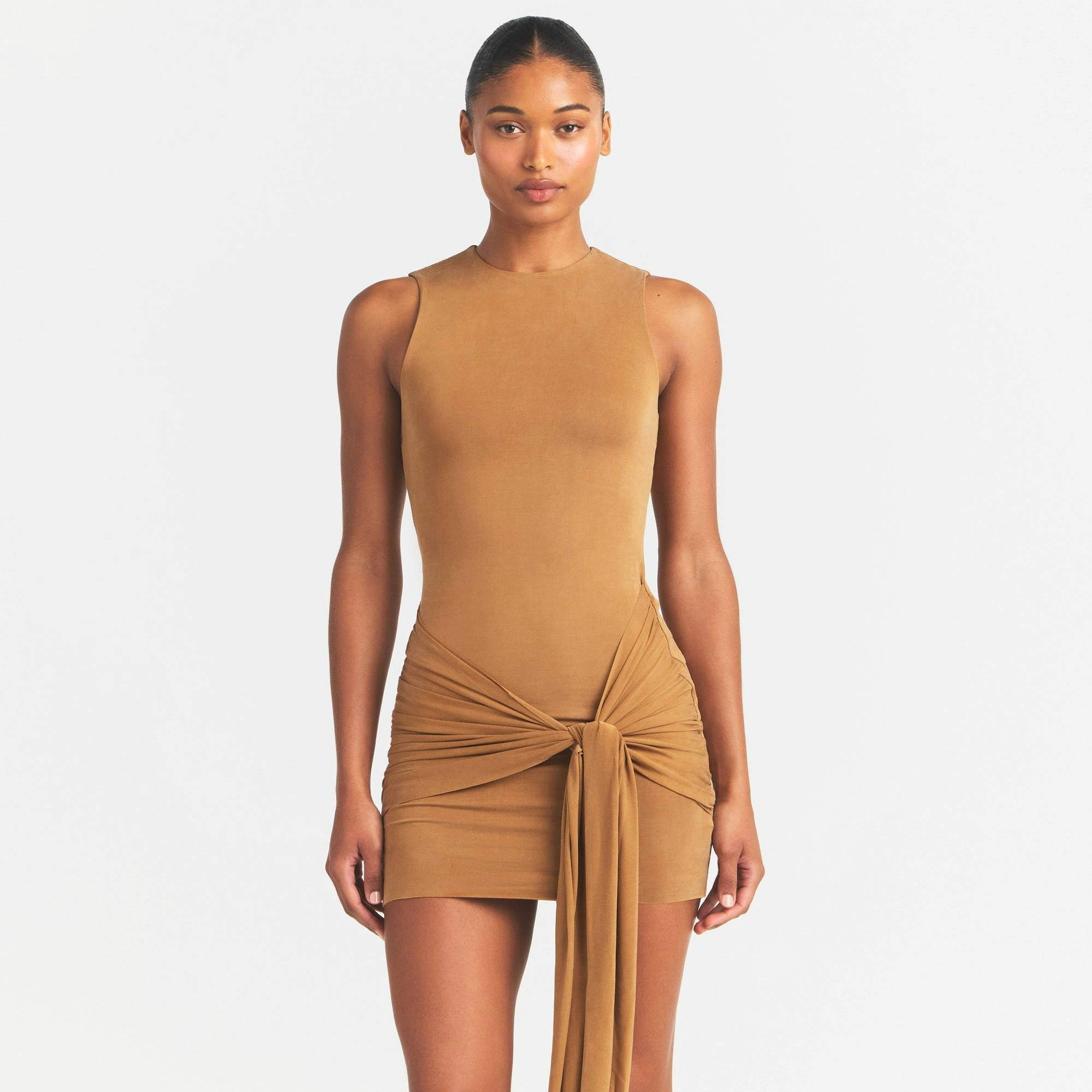 CUPRO JERSEY WRAP MINI DRESS - ALMOND - image 7